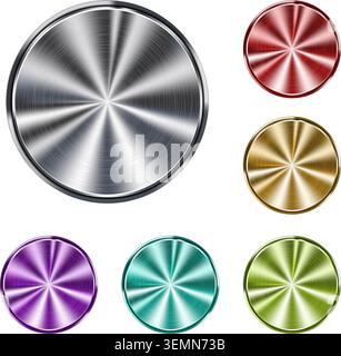 Collection of circular metallic buttons in silver, red, gold, purple, teal, and green with radial brushed texture. Ideal for design elements, UI compo Stock Vector