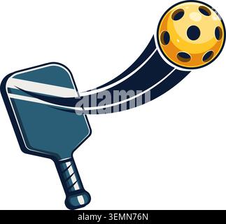 Vibrant illustration of a pickleball paddle striking a perforated ball. Ideal for sports, recreation, or pickleball themed design projects. Stock Vector
