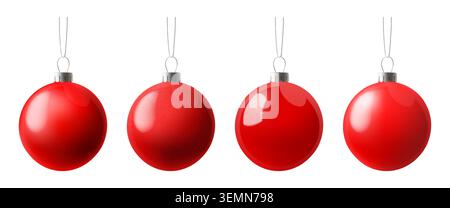 Christmas ball ornament, 3d decorations red bauble. Bulb xmas toy elements isolated on white bg. Bright decor hanging on ribbon, light realistic new Stock Vector