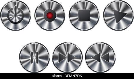Metallic circular control buttons including power, record, stop, play, pause, forward, and backward. Perfect for media player interfaces, digital desi Stock Vector
