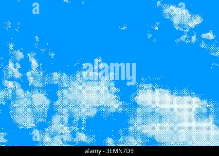 Halftone illustration of clouds on a blue sky background. Vibrant blue sky with white halftone dot style clouds created using dot patterns, perfect fo Stock Vector