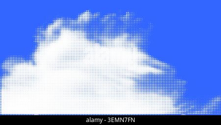 Halftone illustration of clouds on a blue sky background. Vibrant blue sky with white halftone dot style clouds created using dot patterns, perfect fo Stock Vector