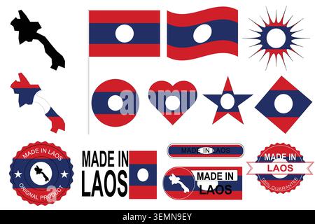 Vector illustration set of Laos national symbols including flag designs, country map outline, white disc elements and made in Laos badges. Suitable. Stock Vector