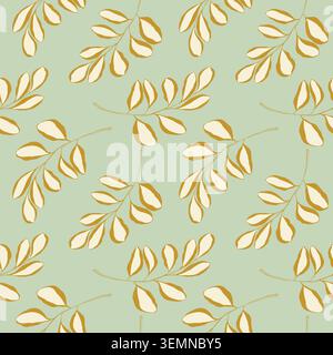 pattern with organic branches and leaves for textile design, wrapping paper and wallpaper prints in a pastel sage green, mustard yellow and cream pale Stock Vector