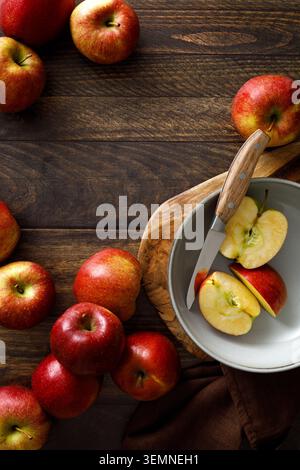 Apple. Ripe juicy red apple fruits with natural vitamins and antioxidants, healthy food, top view Stock Photo