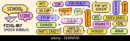 Pack of Back to School pixel art color speech bubbles. Riz, cooked, sus and any other teen worlds Stock Vector