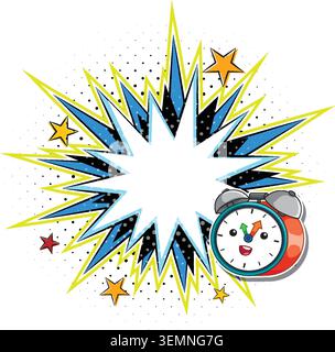 Pop art vector illustration with starburst speech bubble, halftone dots, and smiling alarm clock Stock Vector