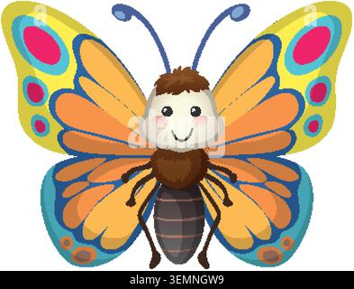 Cute vector butterfly with vibrant patterned wings, smiling face, and soft pastel color palette Stock Vector