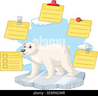 A friendly polar bear stands on ice surrounded by blank yellow notes and blue clouds Stock Vector