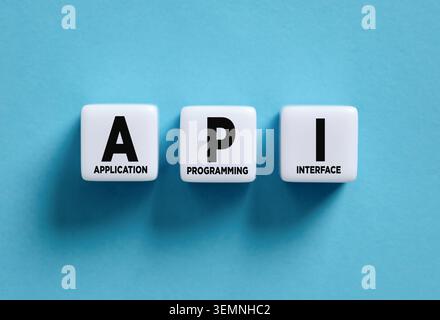 API acronym spelling application programming interface words on white square tiles, highlighting software development and integration Stock Photo