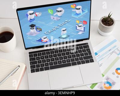 Laptop showing a chatbot interface with various AI functions like support, learning, translation, and notification on an office desk Stock Photo