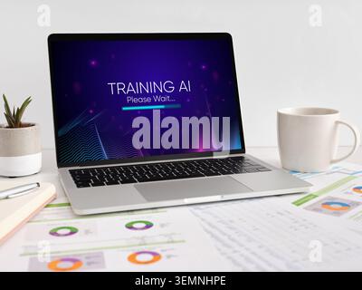 Desk with a laptop screen showing AI training and a progress bar, surrounded by office items and business documents Stock Photo
