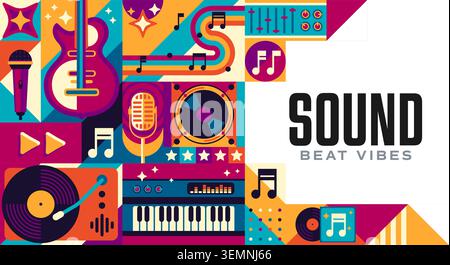 Music sound mosaic banner with geometric pattern background of musical instruments. Music geometric pattern of guitar, synthesizer, vinyl record player and music notes with microphone and loudspeaker Stock Vector