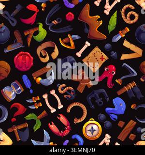 Cartoon pirate letters seamless pattern. Piracy alphabet print, pirate font type background. Treasure hunt typeset letter backdrop with tricorn hat, dagger and sword, treasure map and marine animals Stock Vector