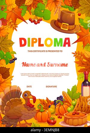 Happy thanksgiving day and autumn festival diploma certificate. Autumn celebration vector award paper, Thanksgiving diploma with yellow leaves, turkey, pilgrim hat and vegetable harvest in cornucopia Stock Vector