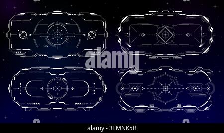 HUD aim control frame interface, futuristic game target screen set. Cyberpunk and Sci Fi game UI, digital aim control display, target indicators in neon frames with crosshair and arrows, HUD sight set Stock Vector