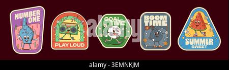 Groovy hippie label stickers, funny characters retro patches. Cartoon foam finger number one, boombox, soccer ball, exploding bomb and smiling watermelon slice conveying playful nostalgic summer vibes Stock Vector