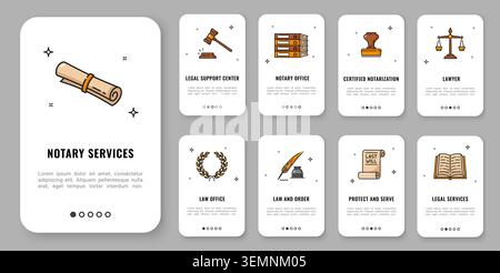 Notary service and last will mobile app onboarding screen, law office and legal support line icons. Outline symbols of gavel, stamp, scales, feather, last will scroll and law book for legal app UI Stock Vector