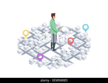 Navigate in the city, track navigation pins. Man standing in the middle of a city, surrounded by buildings. Buildings various sizes and shapes, urban Stock Vector