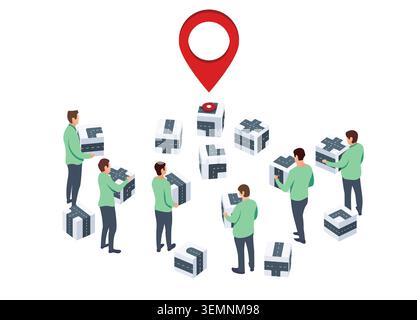 Team of men create together a new route. Red marker or pin on one of the boxes as a goal located near 3d boxes with roads. Vector illustration Stock Vector