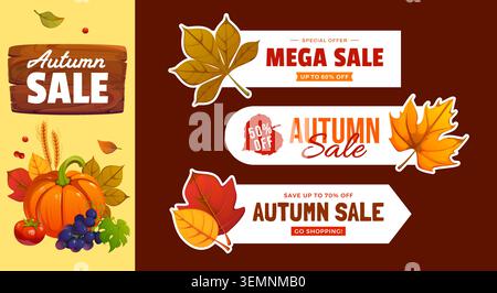Autumn season sale banners and tags, featuring cartoon pumpkin, grapes, wheat and colorful fall leaves, wooden sign and discount badges, evoke cozy seasonal shopping, harvest, promotions and discounts Stock Vector