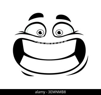 Funny cartoon face with happy and excited emotion. Comic emoji character with small round eyes, flat brows, squinting cheeks and huge wide grinning mouth with teeth. Cartoon expression for stickers Stock Vector