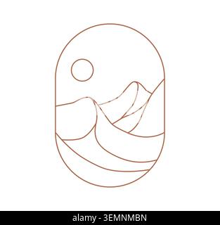 Boho desert landscape icon inside oval frame featuring smooth sand dunes, layered mountain peaks and circle sun in warm terracotta line art. Aesthetic icon for wall art, tattoo and travel emblem Stock Vector