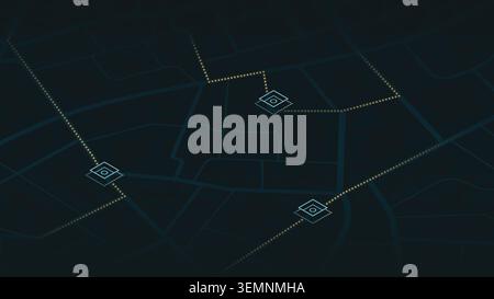 Abstract set of routes on the map of city, with buildings and roads. Vector illustration on black background Stock Vector