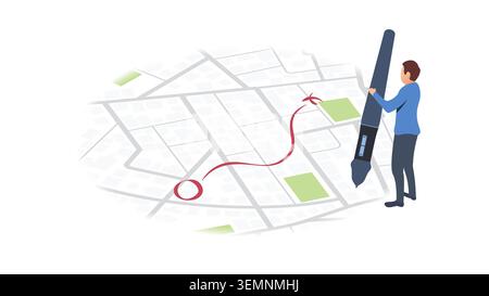 Route on the map of city, with buildings and roads. Man hold black marker and drawing a red line on the map. Vector illustration on white background Stock Vector
