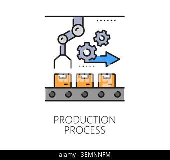 Automatic production process, manufacture icon or symbol. Robotic manufacture color line sign, industrial mass production vector symbol. Automated plant pictogram with boxes on conveyor, robotic hand Stock Vector
