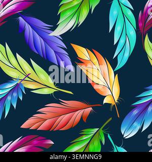 Bird feathers on black seamless pattern Stock Vector