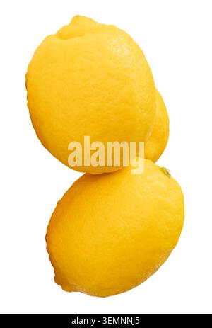 Side view of three fresh ripe yellow lemon fruits in stack is isolated on white background with clipping path. Stock Photo