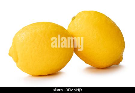 Ripe yellow lemon fruits with water droplets in stack are isolated on white background with clipping path. Stock Photo