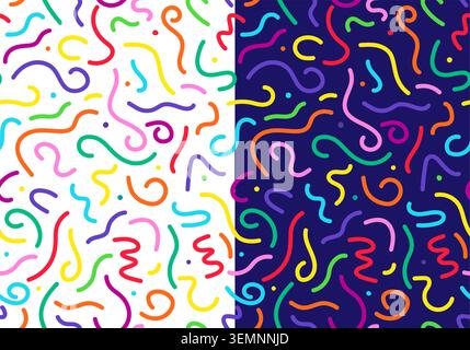 Squiggle line confetti festive seamless pattern, kid birthday holiday scribble background. Textile funky background or print with colorful confetti. Kids party squiggle doodle seamless backdrop Stock Vector