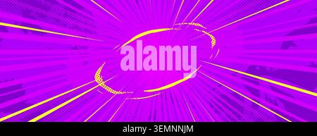 Anime explosion background with radial burst effect - vibrant purple and yellow comic book style. Dynamic speed lines radiating from center with halftone dot texture for manga action scenes. Stock Vector