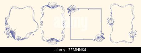 Sketch frames set with seashell decoration. Vector realistic illustration of round, square, rectangular line, ribbon or seaweed borders, vintage nautical shell design element for sea resort poster Stock Vector
