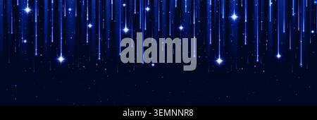 Shower of blue glitter and rain of sparkling stars falling vertically on dark backdrop. Neon light trails with shimmering particles with elegant cosmic effect for festive celebration background. Stock Vector