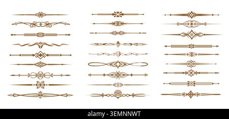 Vintage decorative medieval dividers and border frames with vector embellishments, floral motifs and ornamental flourishes. Unique intricate pattern vintage dividers set with flowers, hearts, arrows Stock Vector