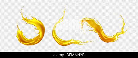 Orange juice splashes set isolated on transparent background. Vector realistic illustration of abstract yellow liquid splatter with drops, fruit beverage pouring, tropical drink flow, lemonade swirl Stock Vector