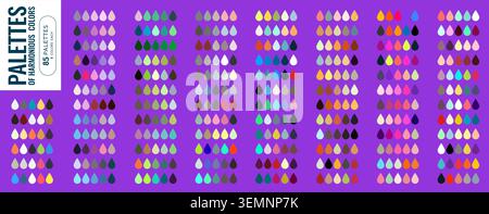 Color palette collection with harmonious multicolor swatches and teardrop samples on purple background. Set of warm, cool and vibrant color combinations for web design, branding and interior projects Stock Vector