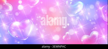 Dreamy rainbow background with 3d hearts and glitter particles. Vector realistic illustration of seamless pastel gradient, princess pattern, shimmering sparks, magic bokeh effect, cute girly design Stock Vector