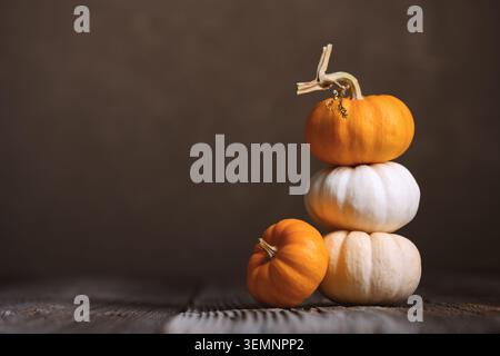 Mini pumpkins stacked on white gourds against soft brown background. Autumn seasonal still life with squash and minimalist styling Stock Photo
