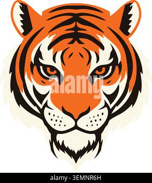 Flat illustration of a tiger head with orange fur black stripes sharp eyes and white cheek markings Stock Vector