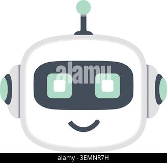 Flat illustration of a friendly robot head with a dark screen face mint ear panels and a small antenna Stock Vector
