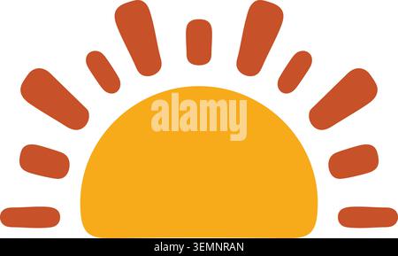 Flat illustration of a golden half sun rising from the bottom with rounded brown rays around it Stock Vector