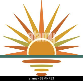 Flat illustration of a rising sun over a horizon with long pointed rays and warm colored reflections Stock Vector