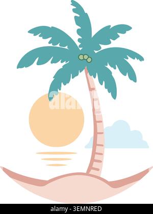 Flat illustration of a tropical island scene with palm trees a warm sun soft clouds and curved sand Stock Vector