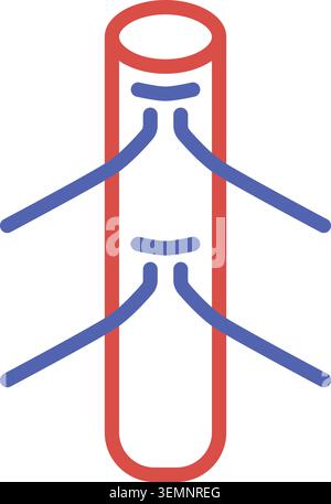 Flat illustration of a vertical test tube with red outline and blue branching liquid lines inside Stock Vector