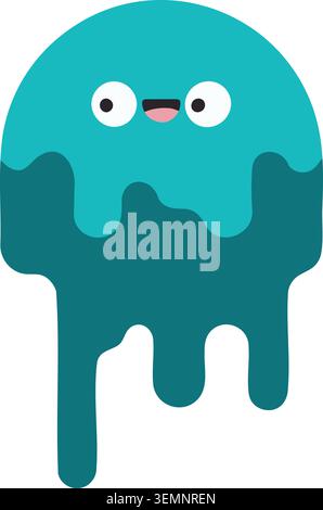 Flat illustration of a cute teal slime character with small eyes a smiling mouth and darker dripping lower half Stock Vector