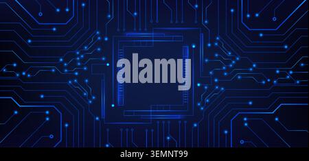 Hi tech circuit board frame with glowing blue lines and futuristic digital patterns, vector realistic illustration. High tech abstract electronic backdrop with square border and neon light Stock Vector